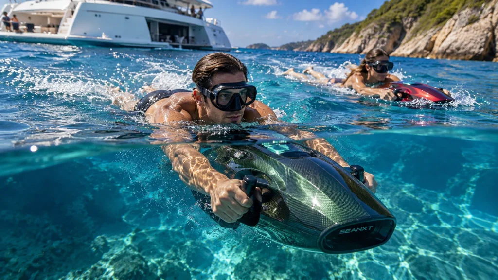 Man wearing a diving mask riding a black SEANXT underwater scooter, with another rider and a luxury yacht in the background.