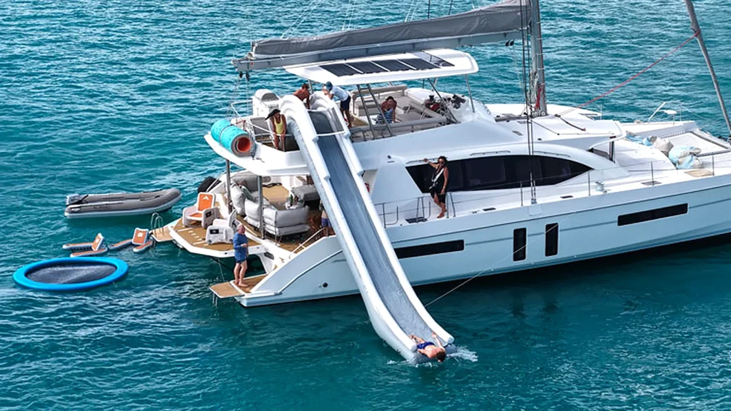 Inflatable waterslide installed on the SailCat 60 Leopard 60 sailing catamaran in Anguilla.