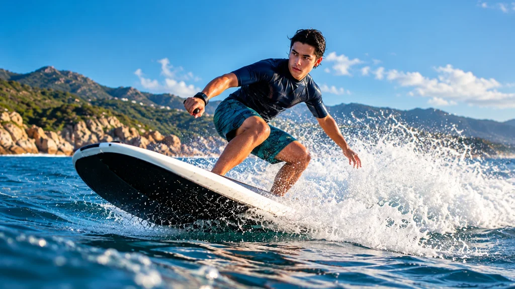Man riding a Radinn X Sport electric jetboard across Caribbean waters, carving a sharp turn with ocean spray and a rocky coastline behind him.