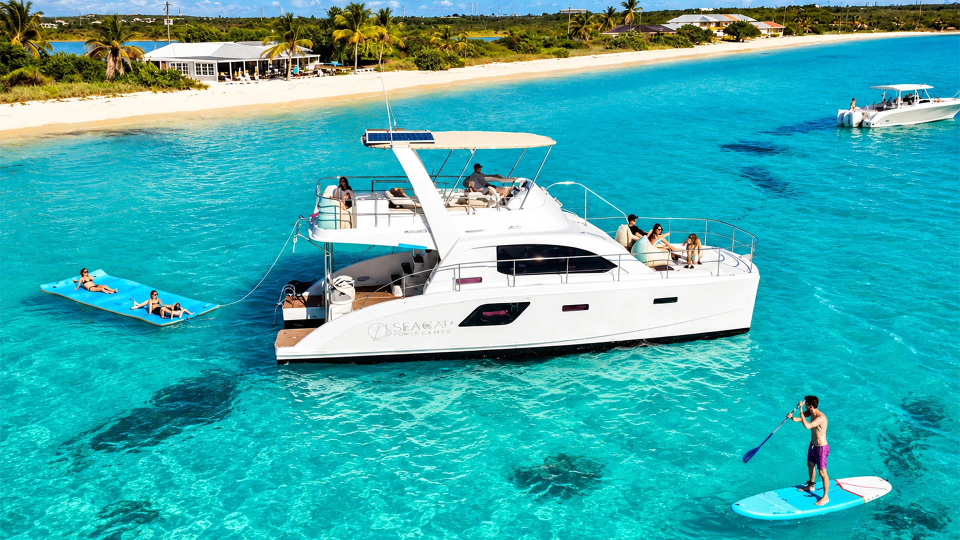 Seacat Powercat 40 anchored in turquoise water with guests relaxing aboard, paddleboarding, and lounging on a floating mat