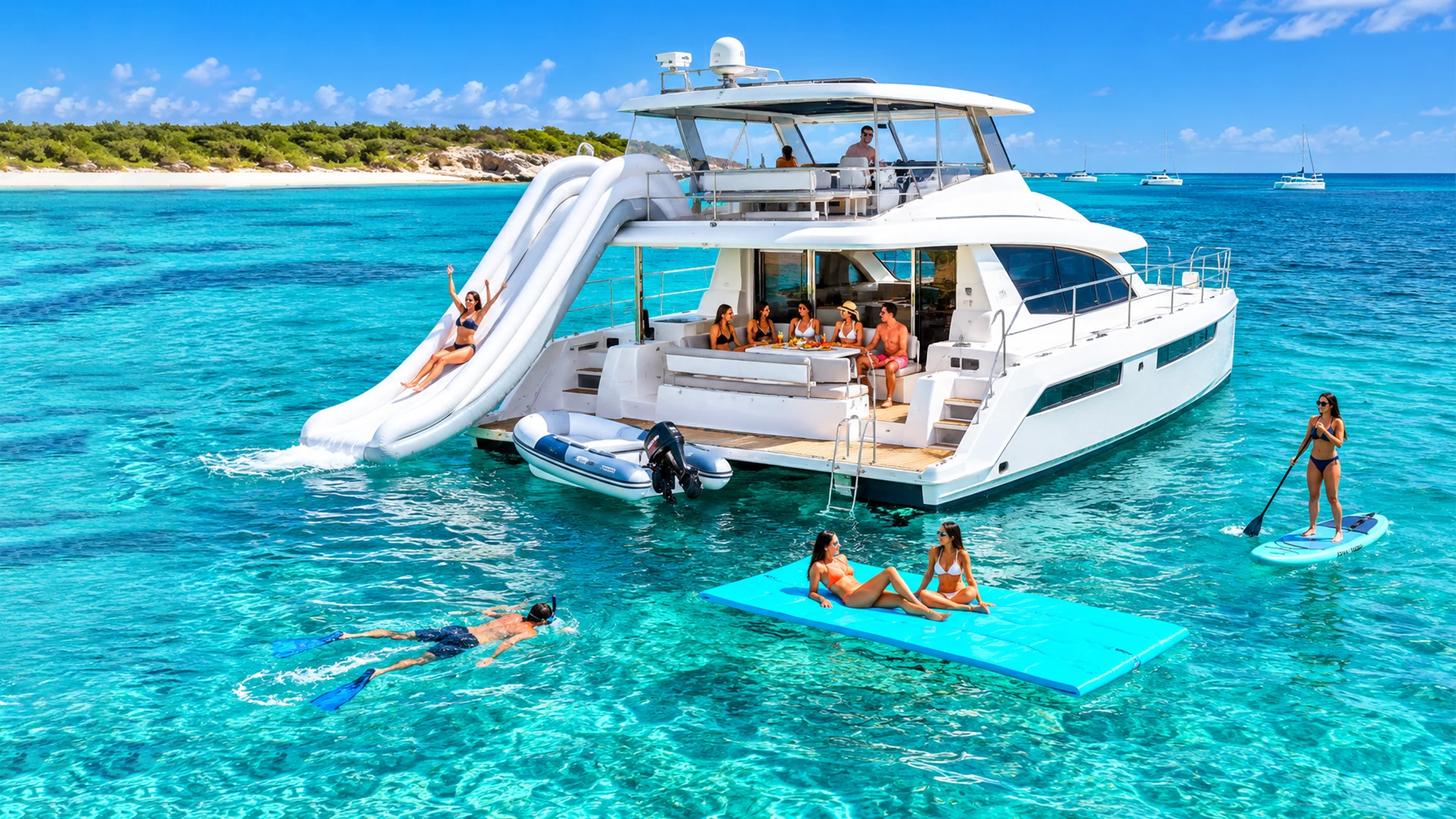 Illustration of Spysea Leopard 51 Powercat with guests swimming, paddleboarding, and enjoying a waterslide in turquoise Caribbean water