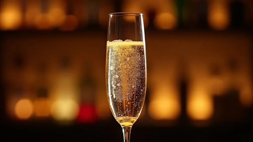 Tall champagne flute filled with golden sparkling champagne against a softly lit background, representing a champagne upgrade for Anguilla yacht charters.