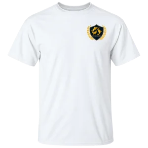 White Totally Anguilla T-shirt with a small navy and gold dolphin crest on the left chest