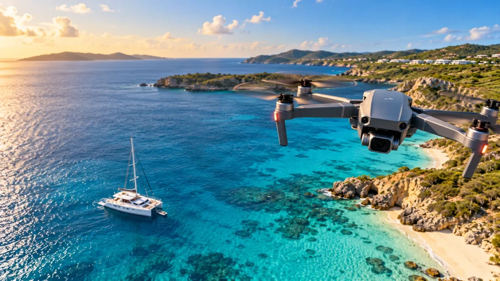 Camera drone flying above a white sailing catamaran anchored near turquoise waters and rocky Caribbean beaches at sunset.